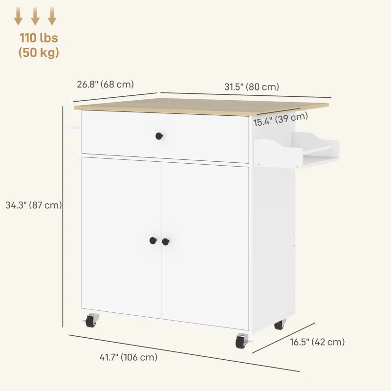 Rolling Kitchen Island with Drop Leaf, Kitchen Storage Cart with Drawer, Spice Rack and Towel Rack, White