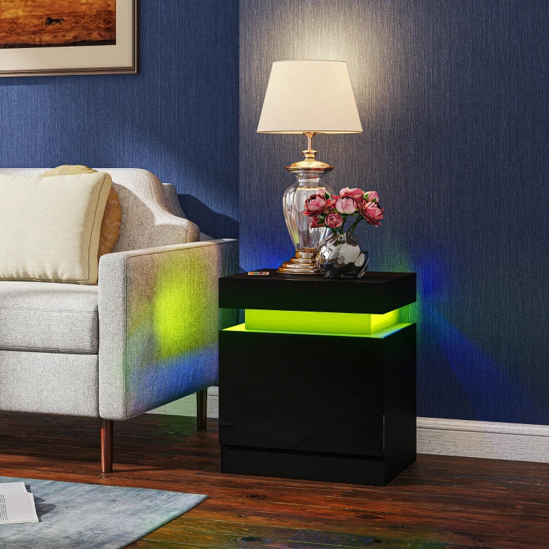 Nightstand Set of 2, End Side Tables with LED Lights, Bedside Tables with 2 Drawers, for Bedroom, Black