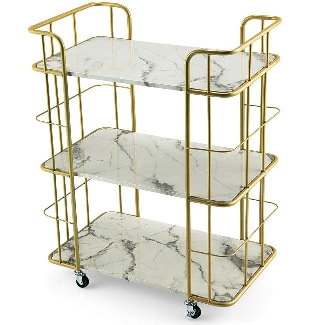 3 Tier Faux Marble Gold Rolling Bar Cart - Free Shipping