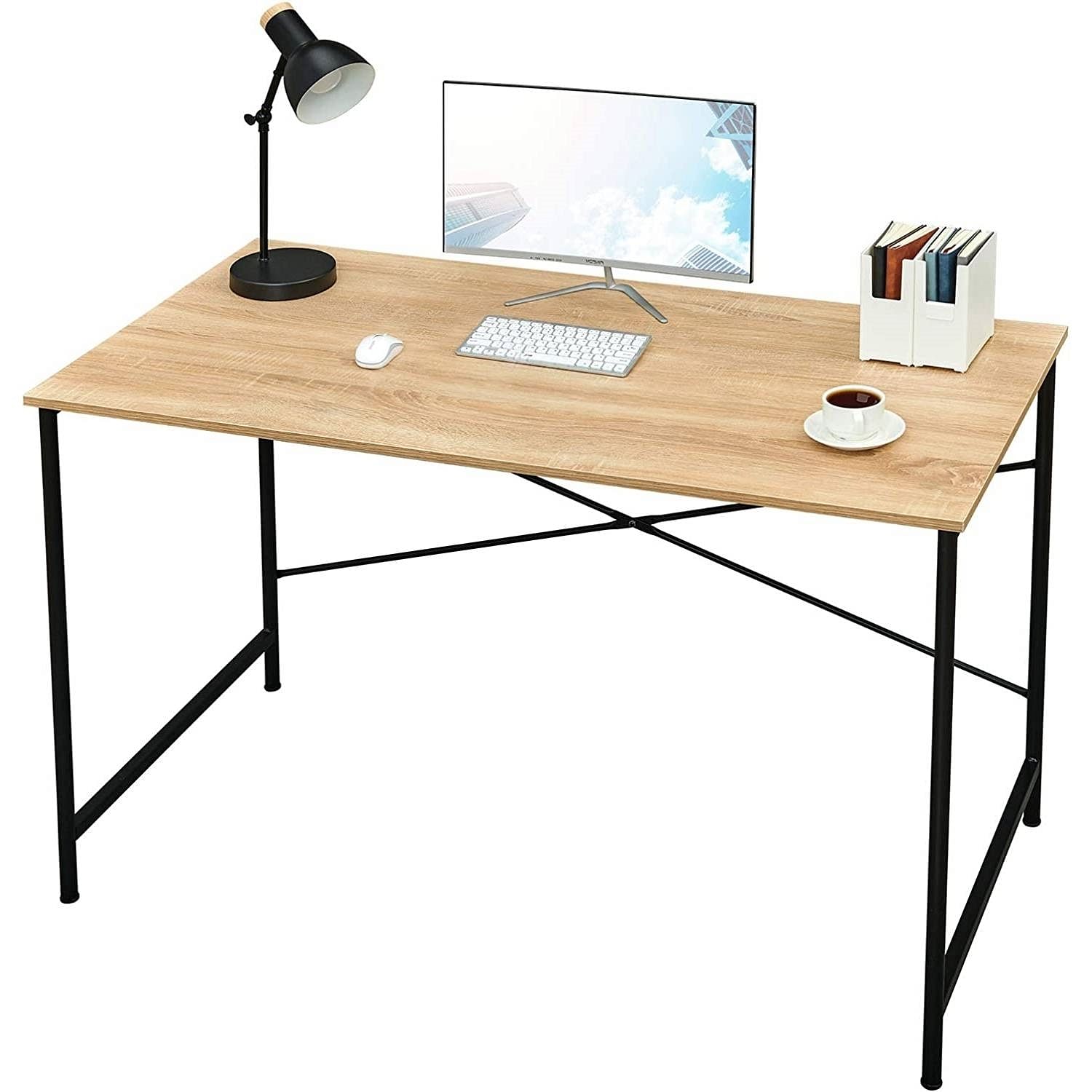 Modern Home Office Computer Desk Table with Black Metal Frame Wood Top in Oak - Free Shipping