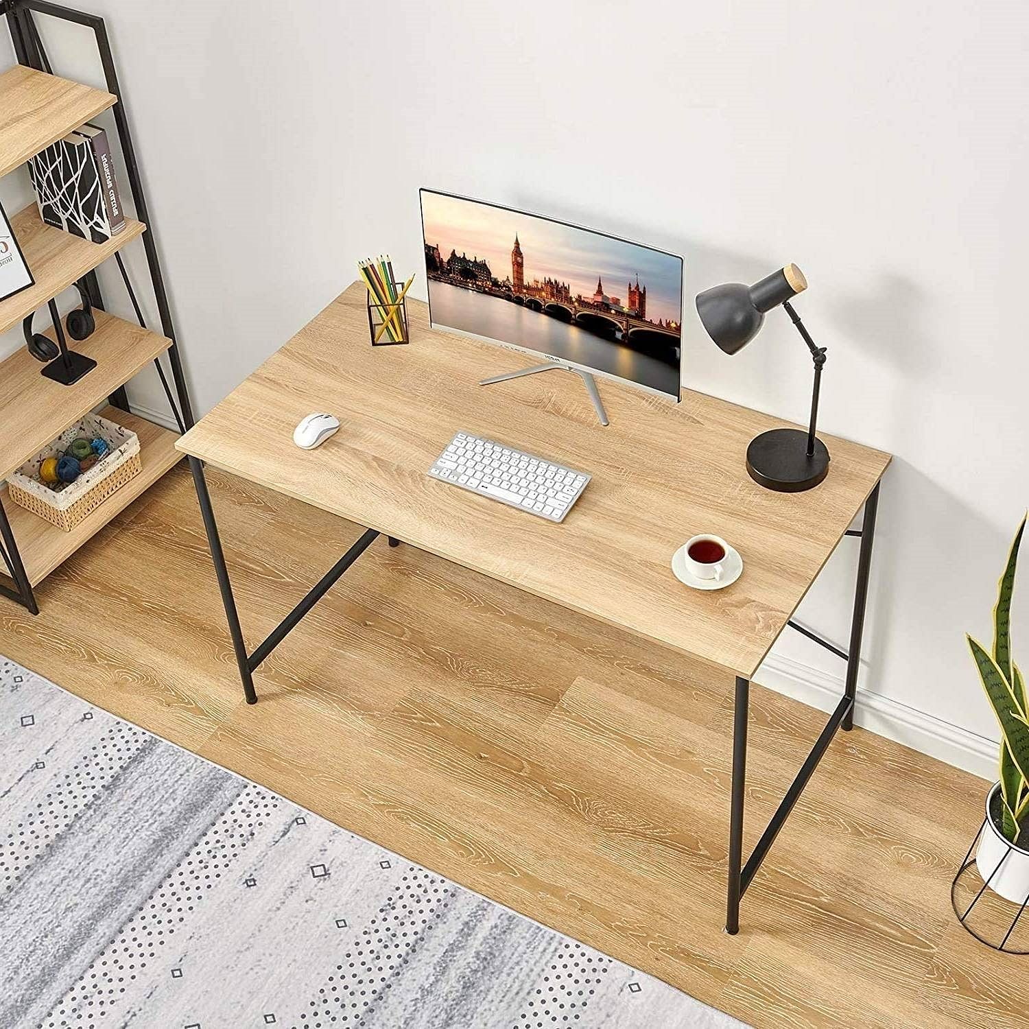 Modern Home Office Computer Desk Table with Black Metal Frame Wood Top in Oak - Free Shipping