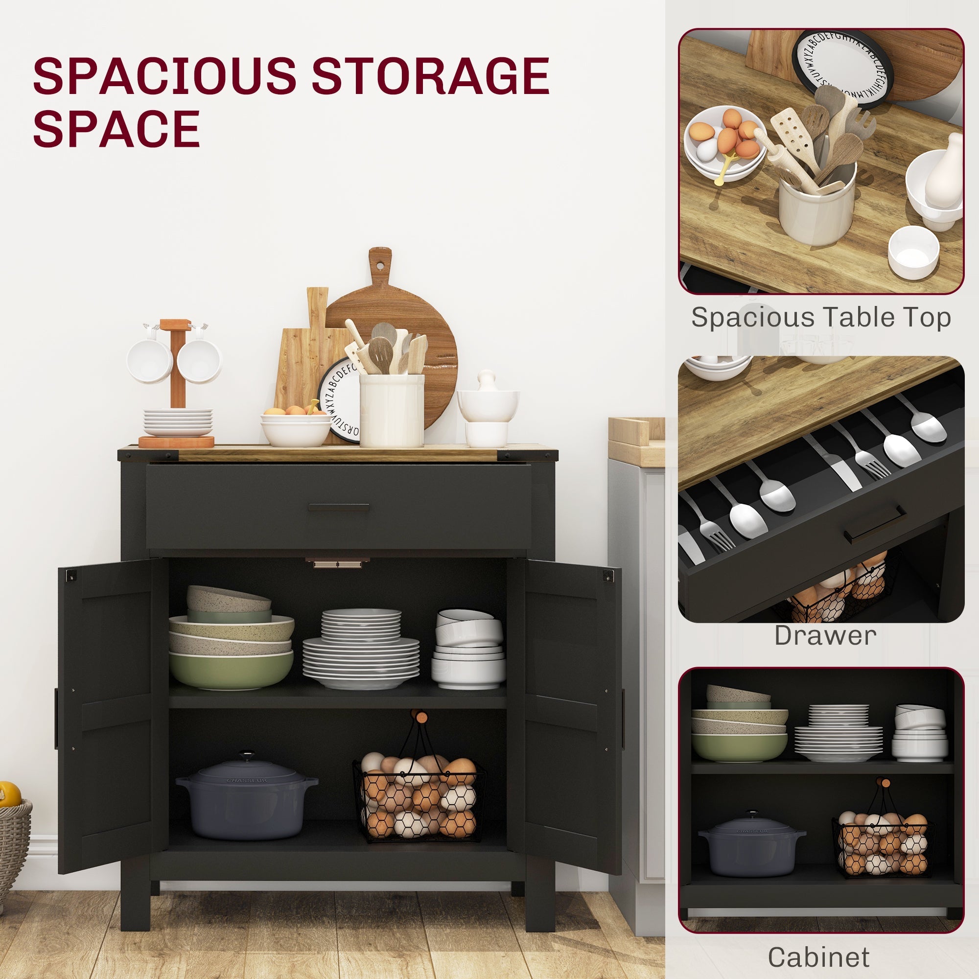 HOMCOM Farmhouse Buffet Cabinet Sideboard with 1 Drawer, 1 Storage Cabinet and Adjustable Shelf, Black