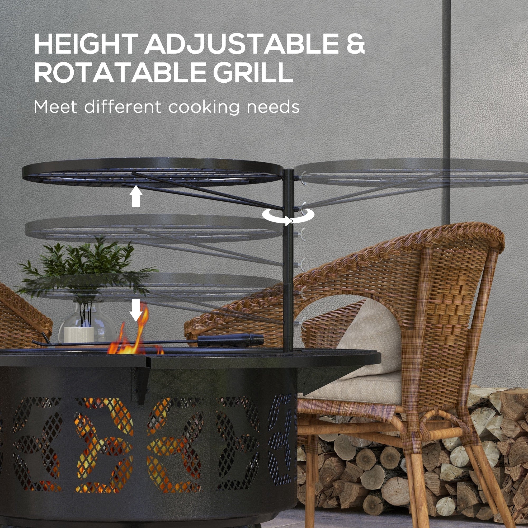 Outsunny Portable Fire Pit BBQ Grill Wood Burning Adjustable Grate Poker 33" Black