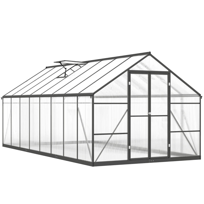 Polycarbonate Greenhouse, Walk-in Green House with Two Top Windows, Rain Gutter and Swing Door, 8' x 16' x 7', Dark Grey