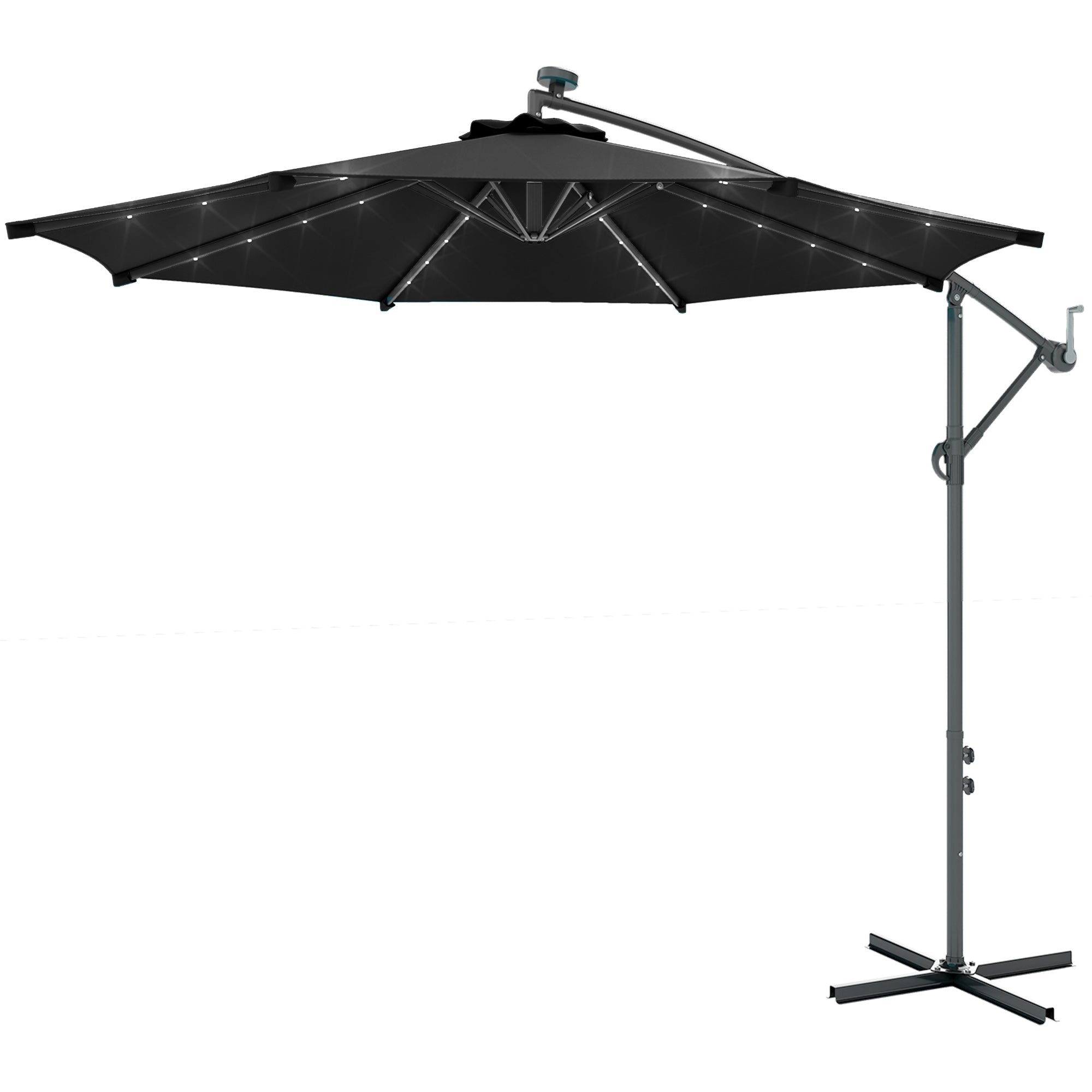 Outsunny 10ft Outdoor Cantilever Umbrella Banana Umbrella with Solar Lights and Adjustable Angle for Patio Backyard Black