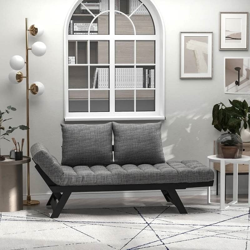 Charcoal/Black 3 In 1 Convertible Sofa Chaise Lounger Bed with 2 Large Pillows - Free Shipping