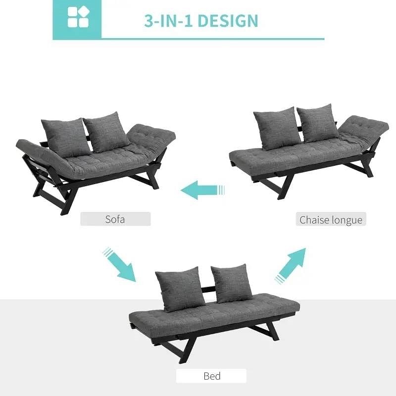 Charcoal/Black 3 In 1 Convertible Sofa Chaise Lounger Bed with 2 Large Pillows - Free Shipping