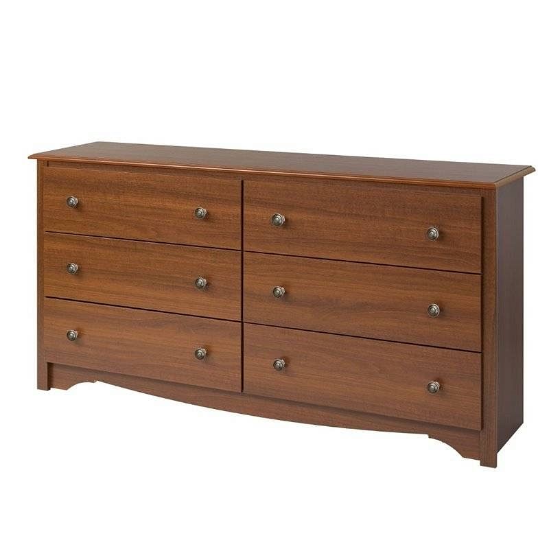 Bedroom Dresser in Medium Brown Cherry Finish with 6 Drawers and Metal Knobs - Free Shipping