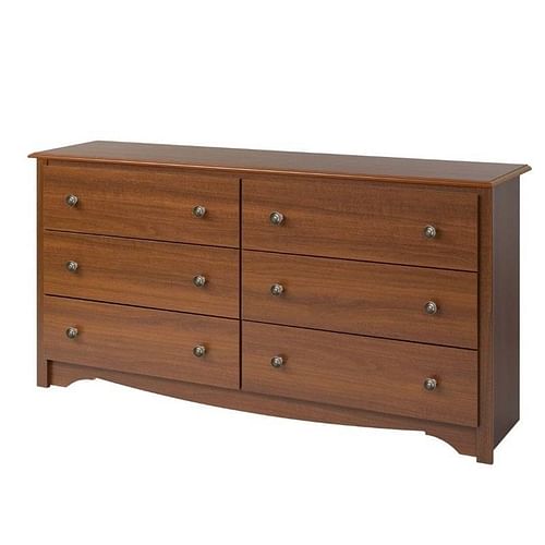 Bedroom Dresser in Medium Brown Cherry Finish with 6 Drawers and Metal Knobs - Free Shipping