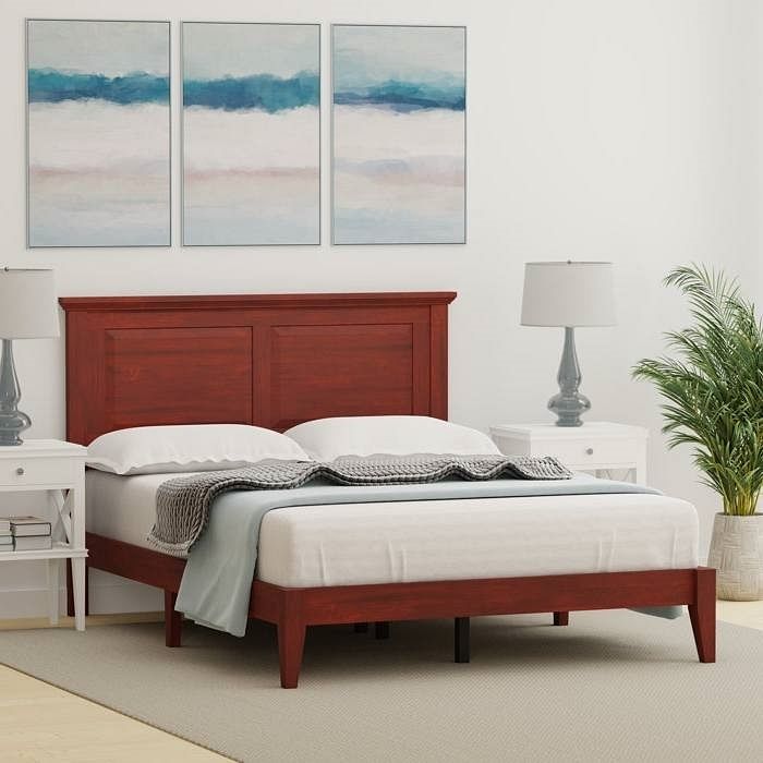Full Traditional Solid Oak Wooden Platform Bed Frame with Headboard in Cherry - Free Shipping