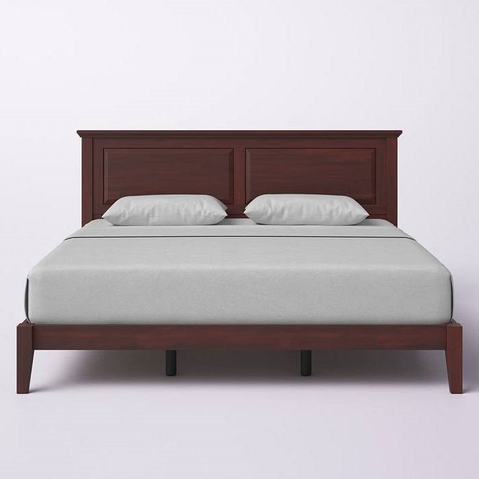 King Traditional Solid Oak Wooden Platform Bed Frame with Headboard in Cherry - Free Shipping