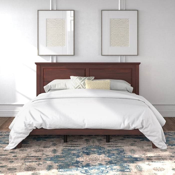 King Traditional Solid Oak Wooden Platform Bed Frame with Headboard in Cherry - Free Shipping