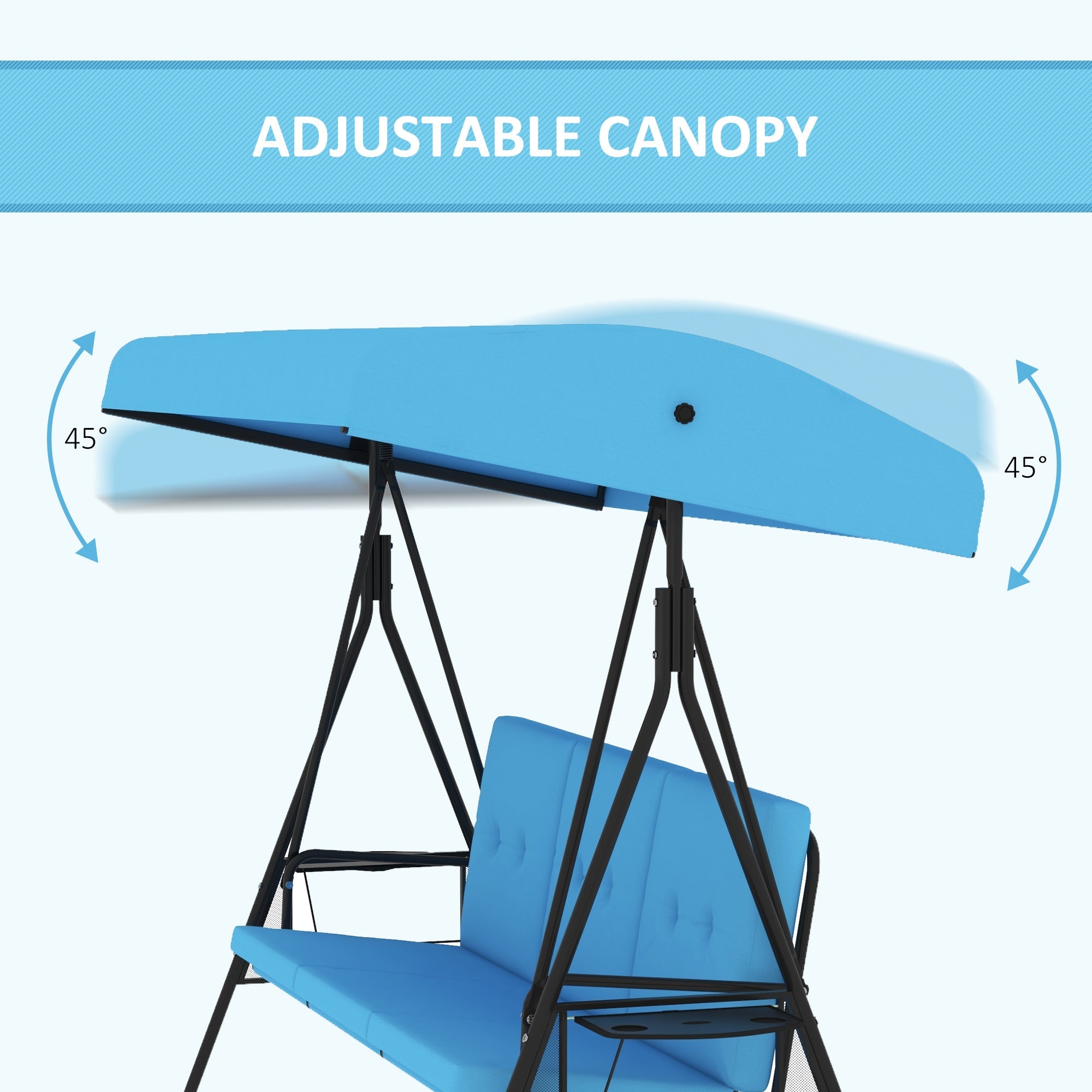Outsunny 3-Seat Patio Swing with Adjustable Canopy & Side Tray, Outdoor Porch Swing, Removable Blue Cushion for Garden, Poolside