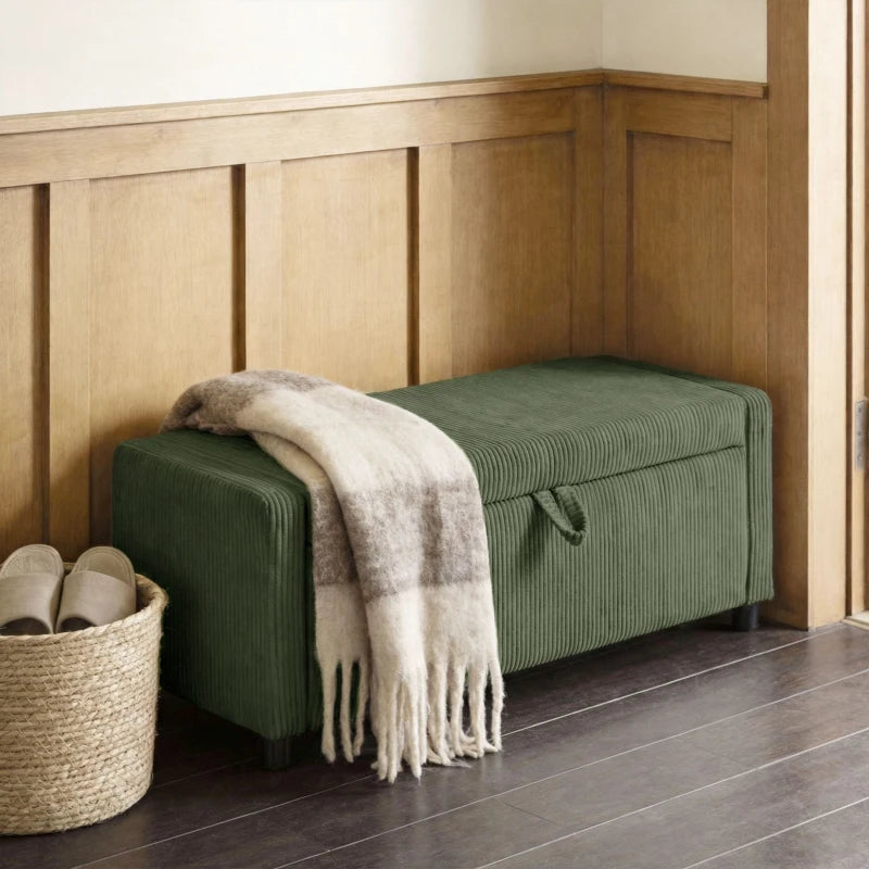 Storage Ottoman, Upholstered Corduroy End of Bed Bench with Thick Padding, Storage Bench for Bedroom, Dark Green