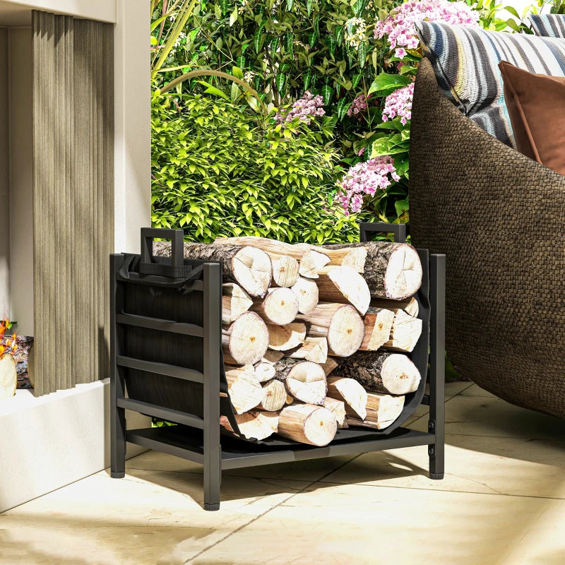 Outdoor Firewood Rack with Log Carrier, Heavy Duty Steel Wood Log Storage Stacker for Fireplace, Black
