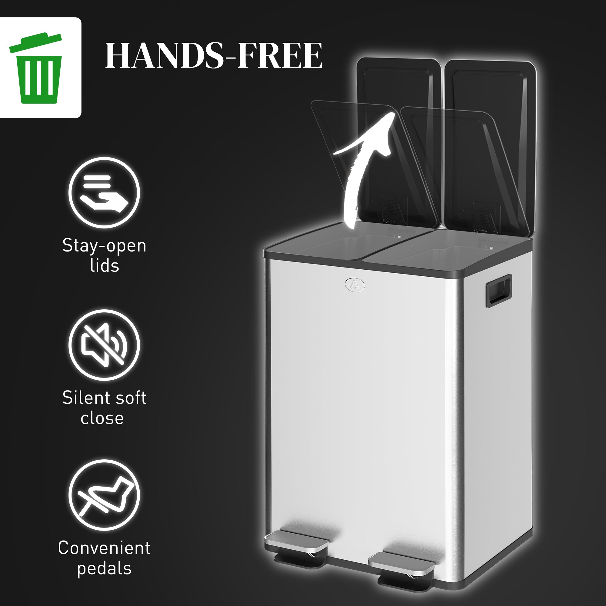 HOMCOM Dual Garbage Bin, Soft-Close Trash Can with Foot Pedal, 2 x 28 Liter Garbage Can with Removable Inner Buckets, Silver