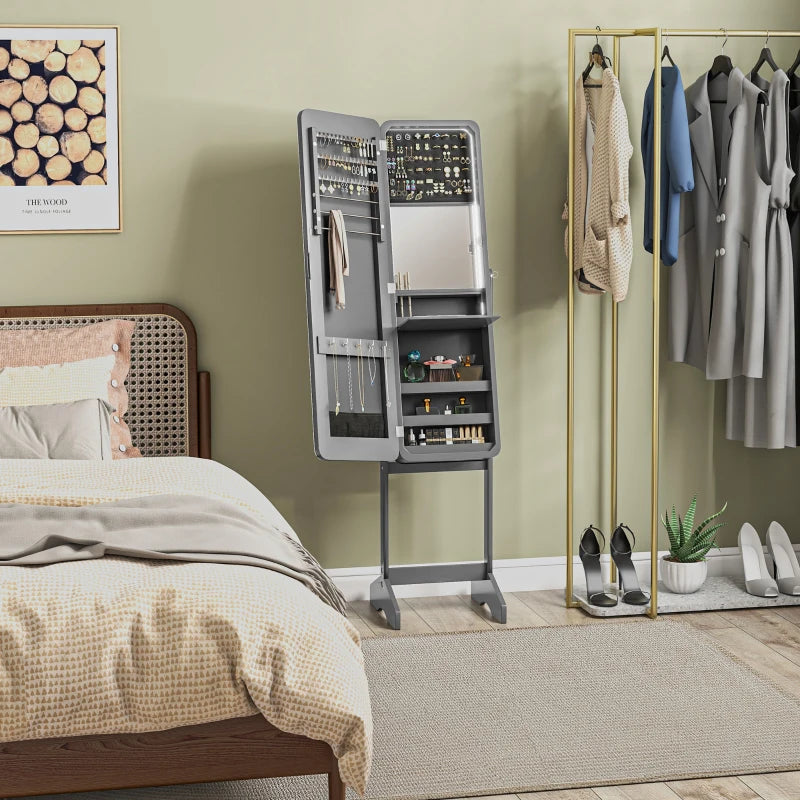 Standing Mirror Jewelry Cabinet, Jewelry Storage Cabinet with LED Lights and Angle Adjustable Full Length Mirror, Grey