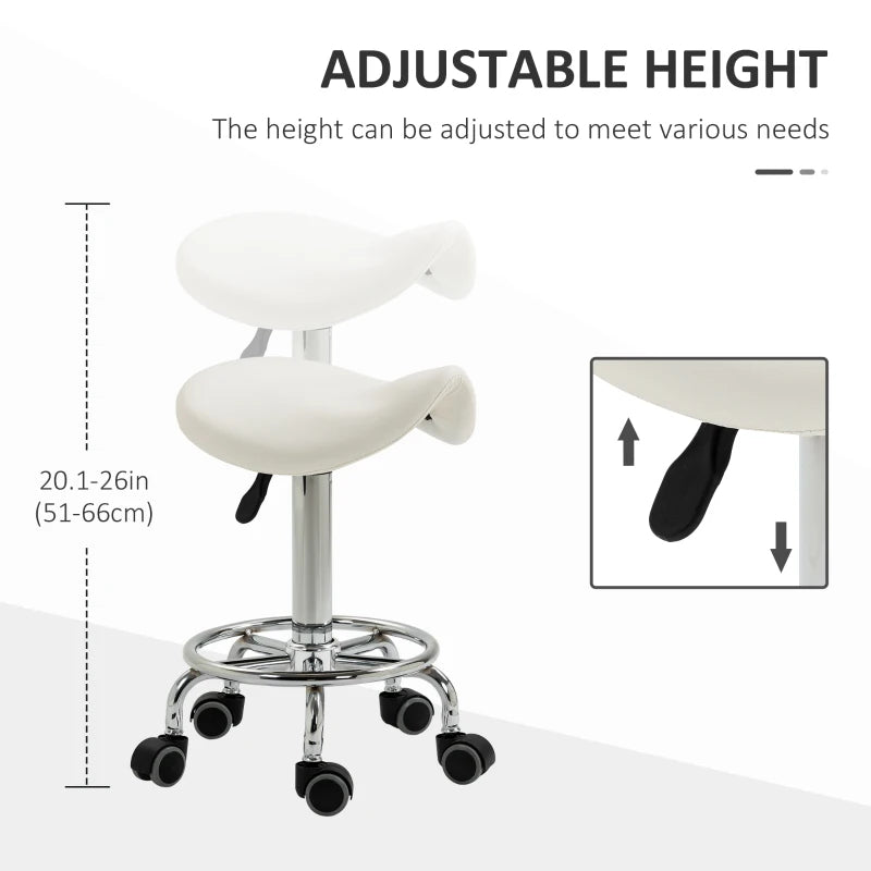 Saddle Stool, PU Leather Adjustable Rolling Salon Chair for Massage, Spa, Clinic, Beauty and Tattoo, White