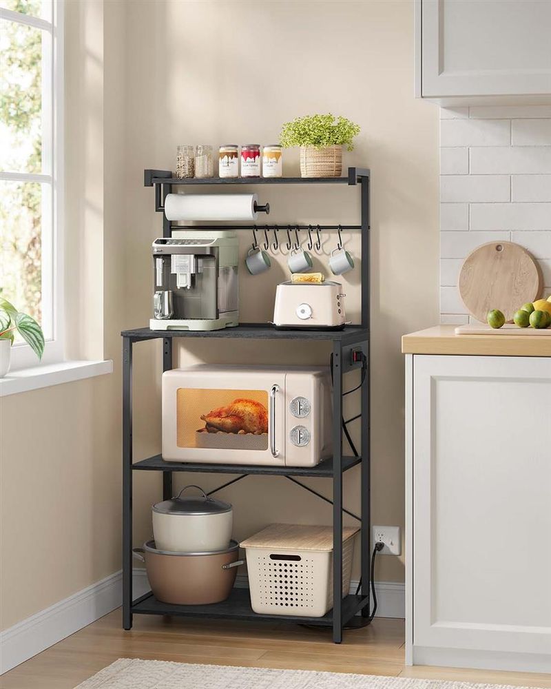 VASAGLE 4-Tier Kitchen Baker's Rack with Power Outlet, 8 S-Hooks & Paper Towel Holder