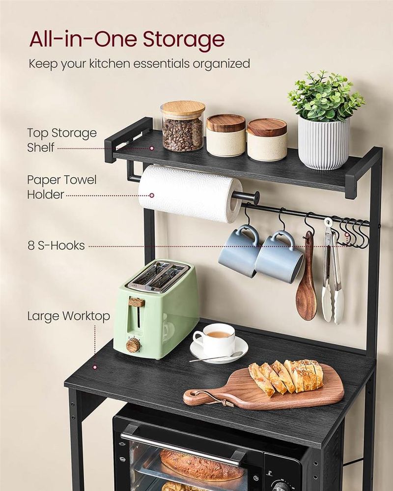 VASAGLE 4-Tier Kitchen Baker's Rack with Power Outlet, 8 S-Hooks & Paper Towel Holder