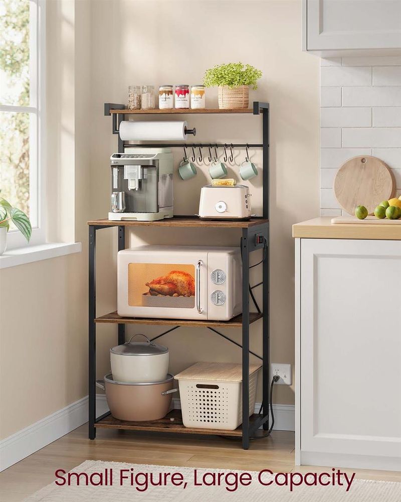 VASAGLE 4-Tier Kitchen Baker's Rack with Power Outlet, 8 S-Hooks & Paper Towel Holder