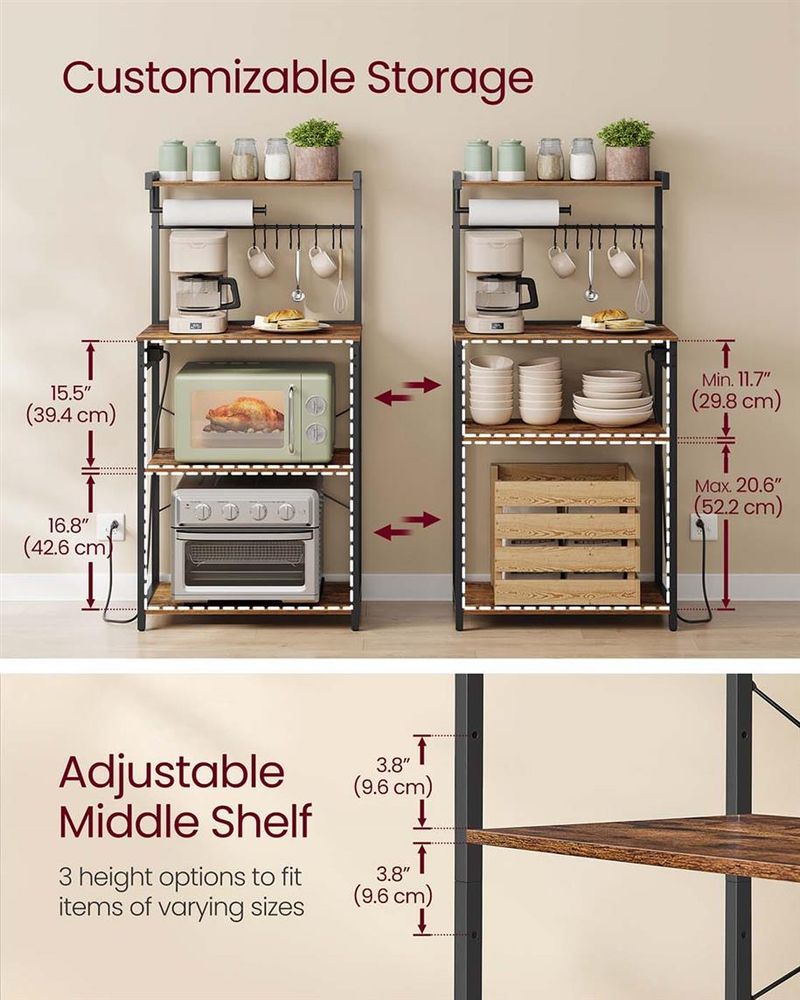 VASAGLE 4-Tier Kitchen Baker's Rack with Power Outlet, 8 S-Hooks & Paper Towel Holder