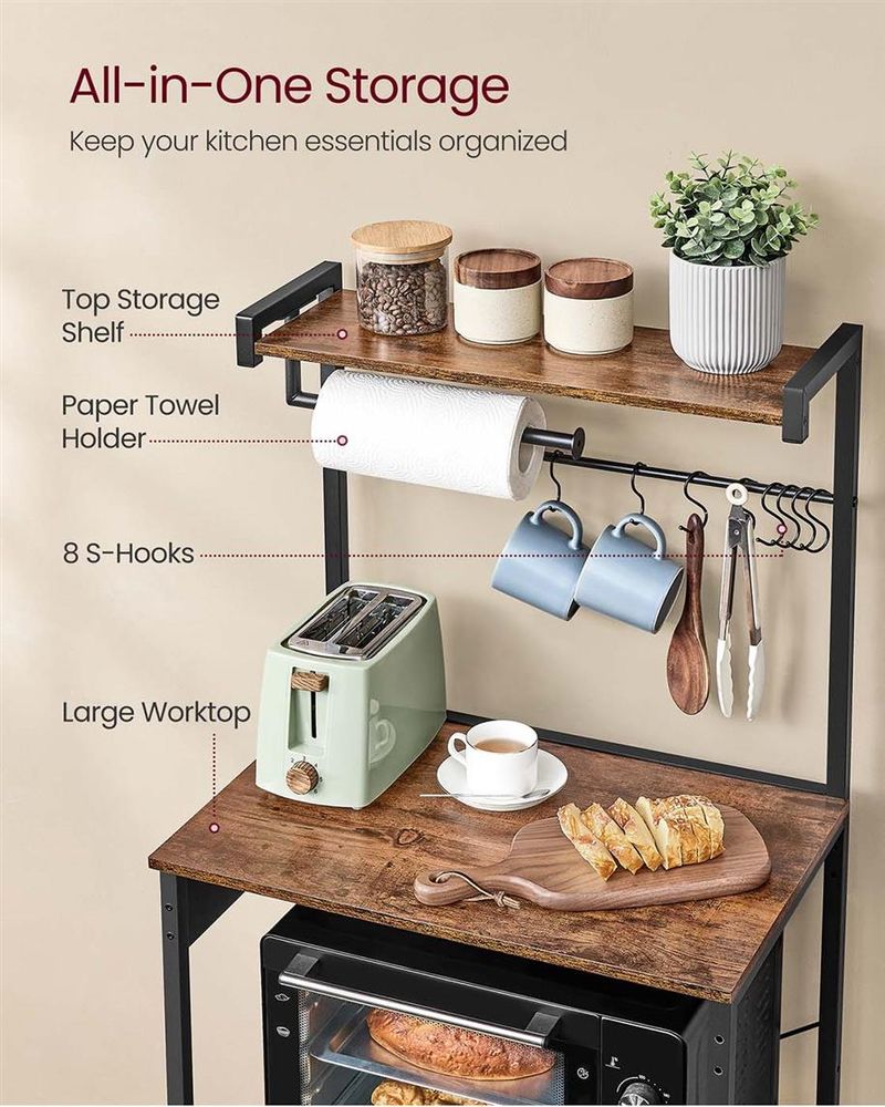 VASAGLE 4-Tier Kitchen Baker's Rack with Power Outlet, 8 S-Hooks & Paper Towel Holder