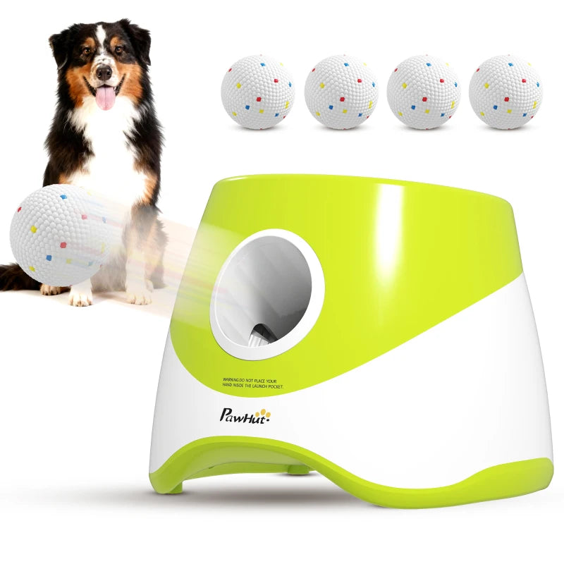Automatic Dog Ball Launcher with 5 ETPU Balls 2.3", 3 Distance Settings 20ft, 33ft, 46ft, Green