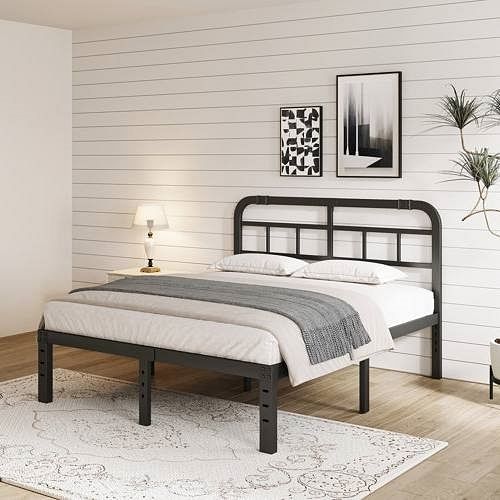 California King Size Heavy Duty Black Metal Platform Bed Frame with Headboard - Free Shipping