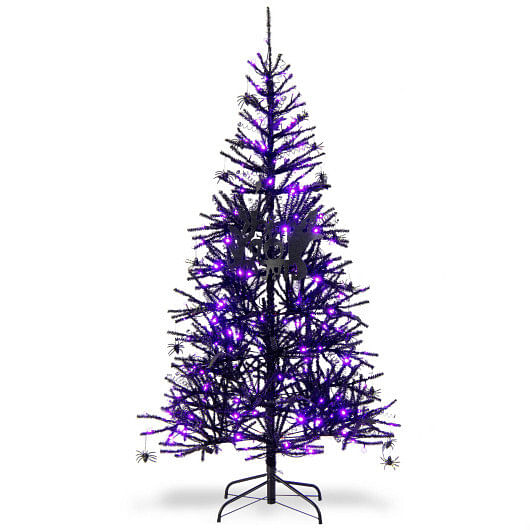 6 Feet Pre-Lit Hinged Halloween Tree with 250 Purple LED Lights and 25 Ornaments - Free Shipping