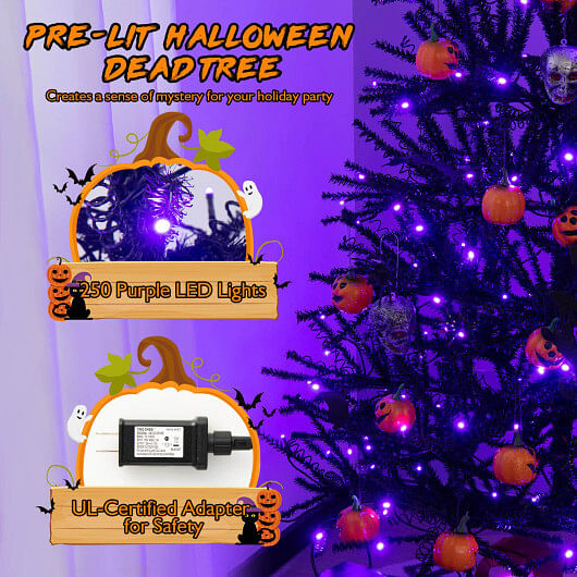 6 Feet Pre-Lit Hinged Halloween Tree with 250 Purple LED Lights and 25 Ornaments - Free Shipping