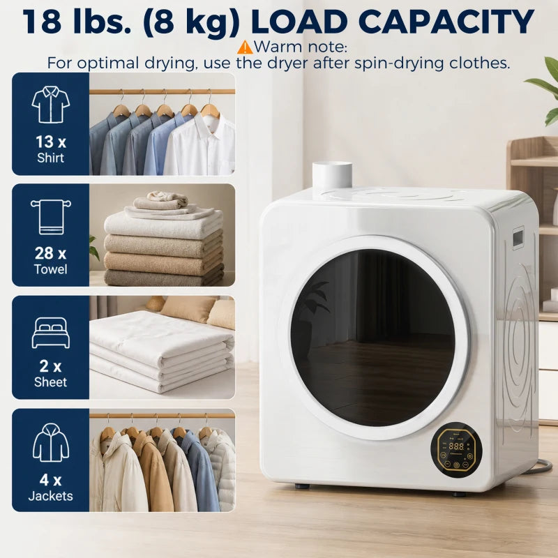 HOMCOM 18 lb Clothes Dryer with 6 Drying Modes, Stainless Steel Drum & Touch Controls – White