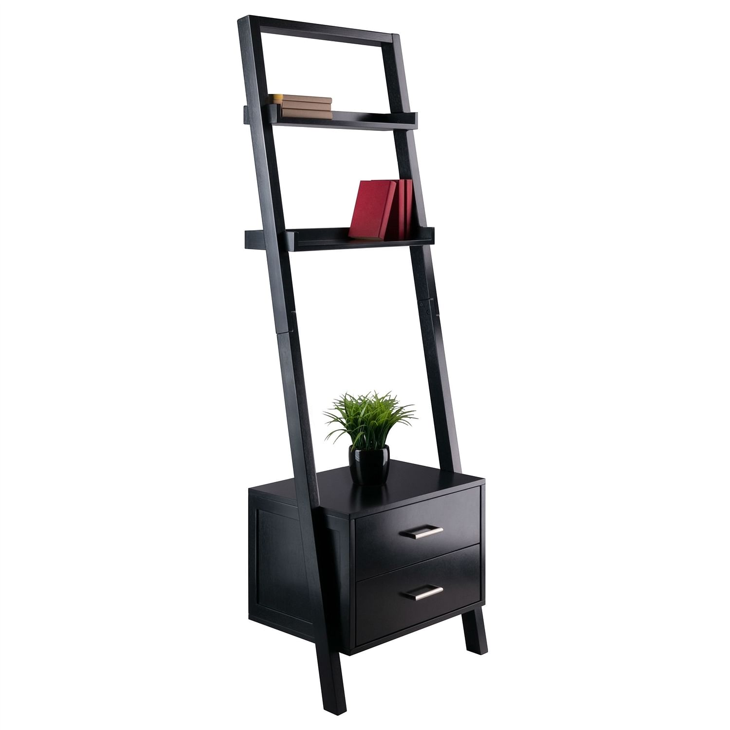 Modern Black 2 Drawer Entryway Shelf Leaning Ladder Bookshelf Bookcase - Free Shipping