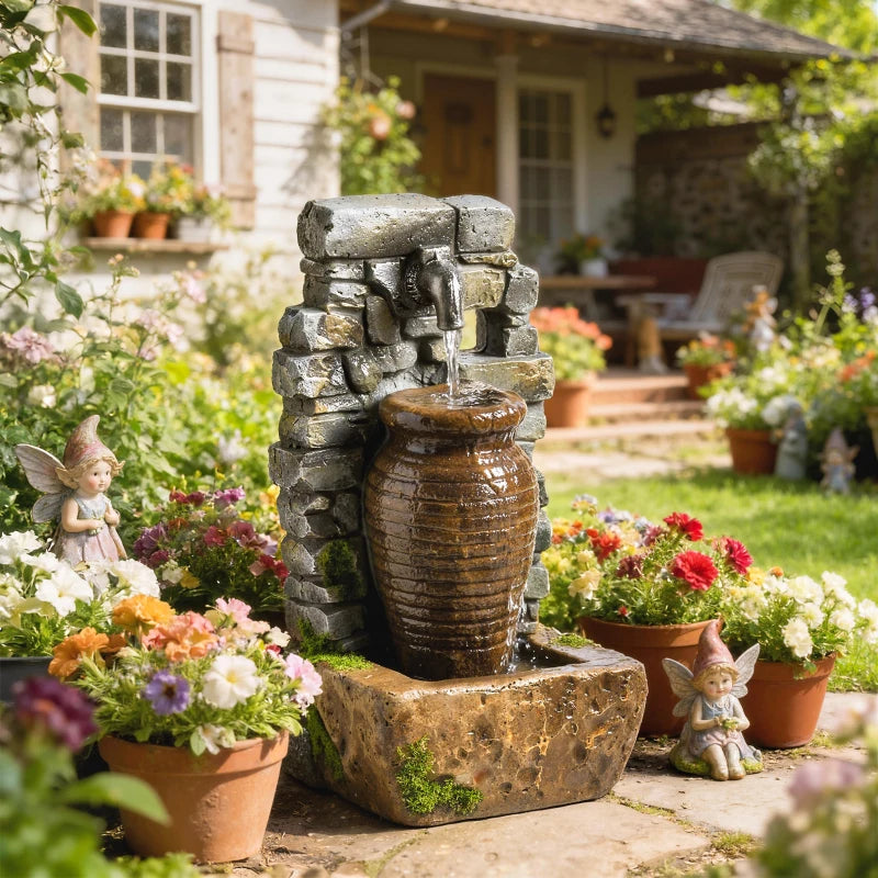 Outdoor Water Fountain Adjustable Water Flow Garden Fountain with LED Lights Rustic Urn Design