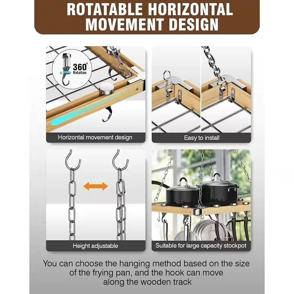 Rectangular 23.5-inch Metal Wood Ceiling Mounted Kitchen Pot Rack - Free Shipping