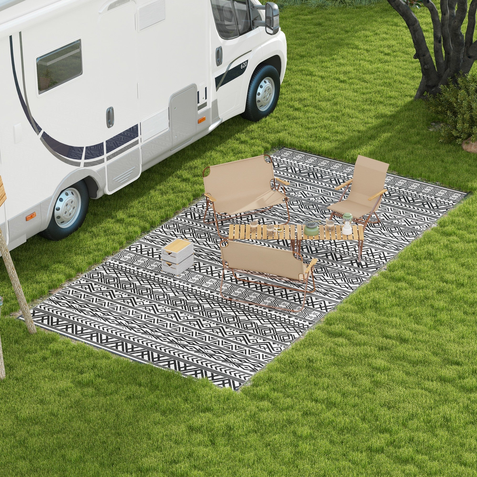 Aosom Reversible Outdoor Rug 9'x18' - Waterproof Plastic Straw Mat, Grey and Cream White Boho Design with Carry Bag for RV & Patio
