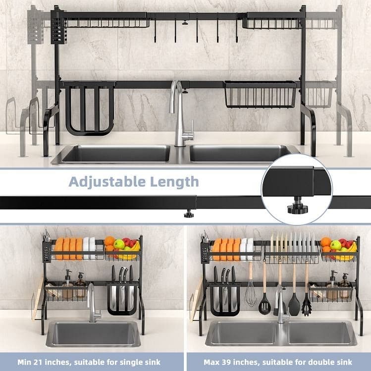 2 Tier Black Steel Adjustable Over the Sink Dish Drying Rack - Free Shipping