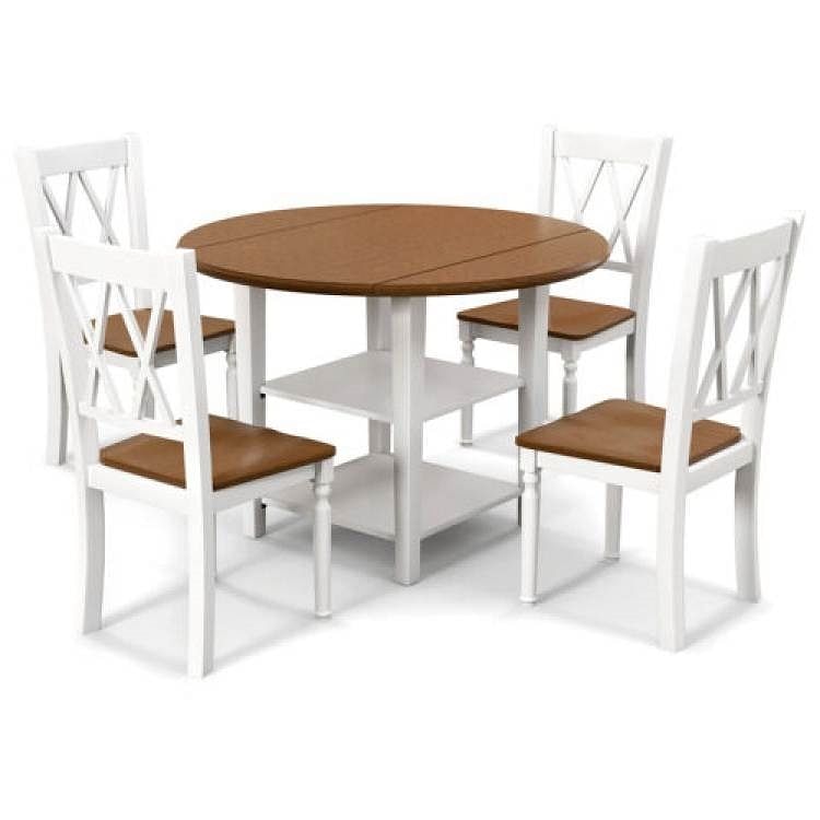 Round Drop Leaf Dining Table Set with 4 Chairs in White/Walnut Wood Finish - Free Shipping