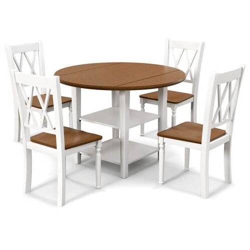 Round Drop Leaf Dining Table Set with 4 Chairs in White/Walnut Wood Finish - Free Shipping