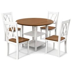 Round Drop Leaf Dining Table Set with 4 Chairs in White/Walnut Wood Finish - Free Shipping