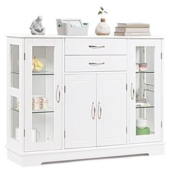 White Wood Buffet Sideboard Cabinet with Glass Display Doors - Free Shipping