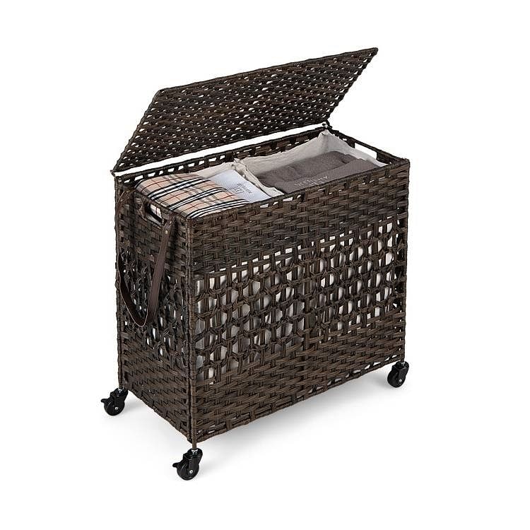 Brown PE Wicker Rattan 2 Section Rolling Laundry Hamper with Removeable Bags - Free Shipping