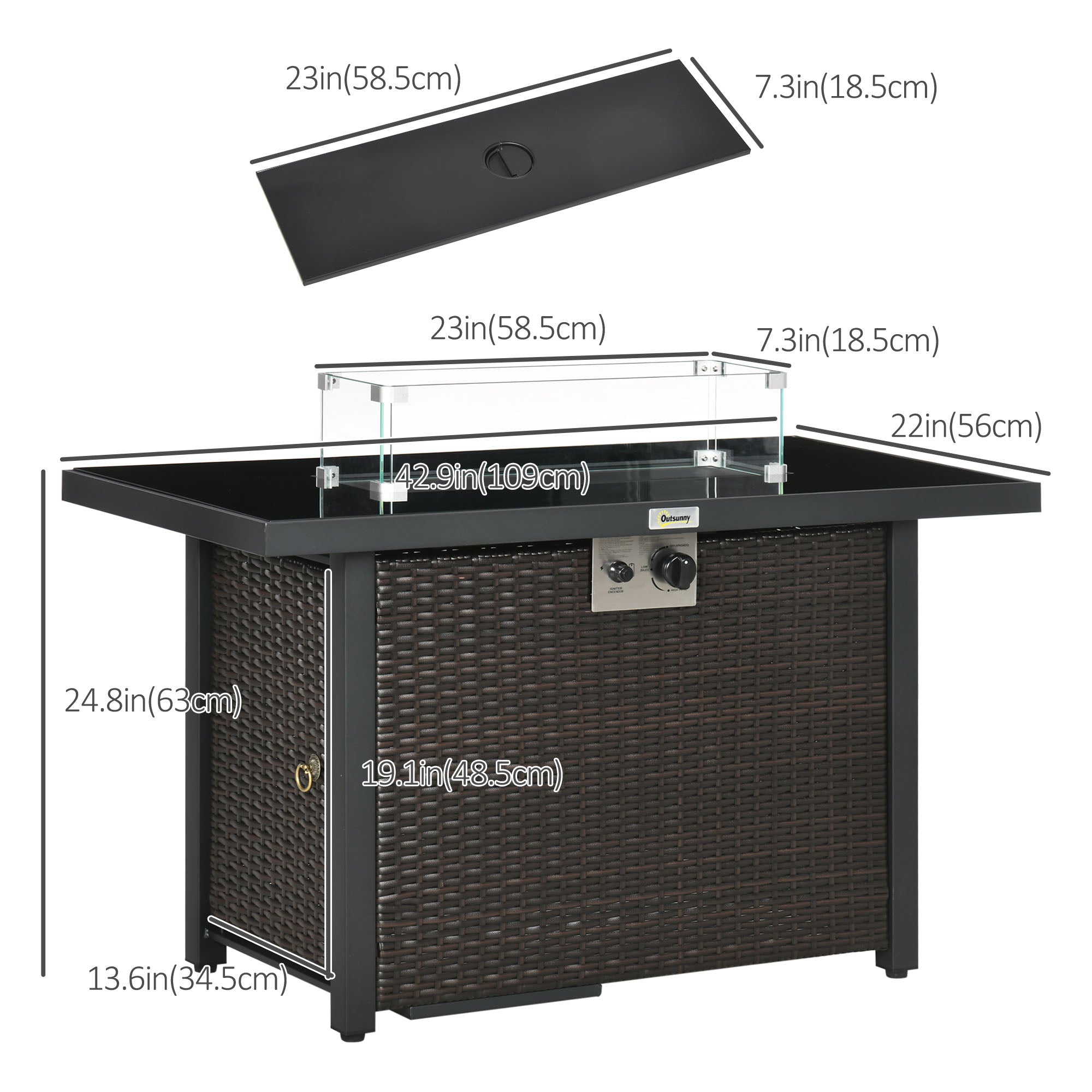 Outsunny Propane Fire Pit Table 43 Inch 50000 BTU Pulse-Ignition Wicker with Glass Wind Guard Blue