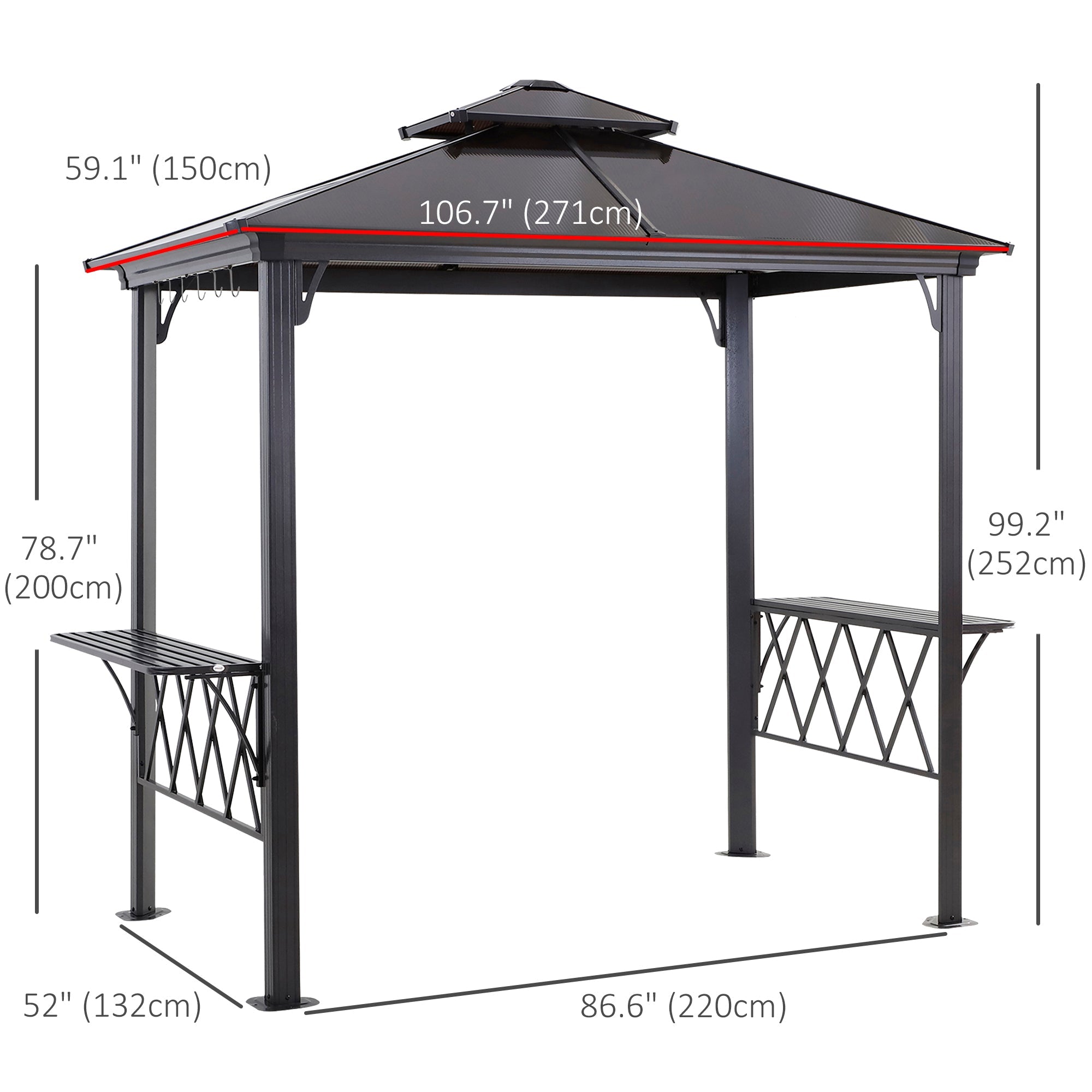 Outsunny Hardtop Grill Gazebo Outdoor BBQ Canopy with Utensil Hooks Double Vented Roof Coffee