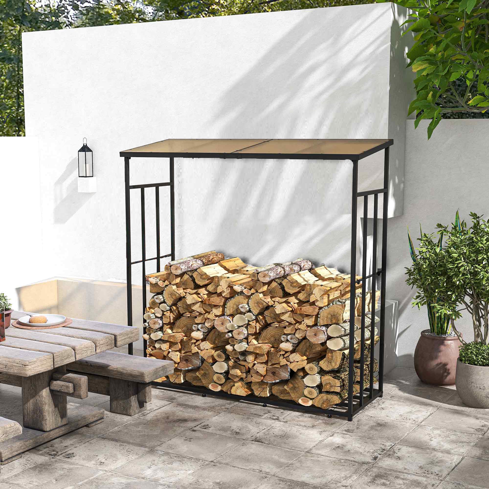 Outsunny 73" Firewood Rack Wood Storage Log Holder with Polycarbonate Roof for Fire Pit and Fireplace, 4620lbs Load