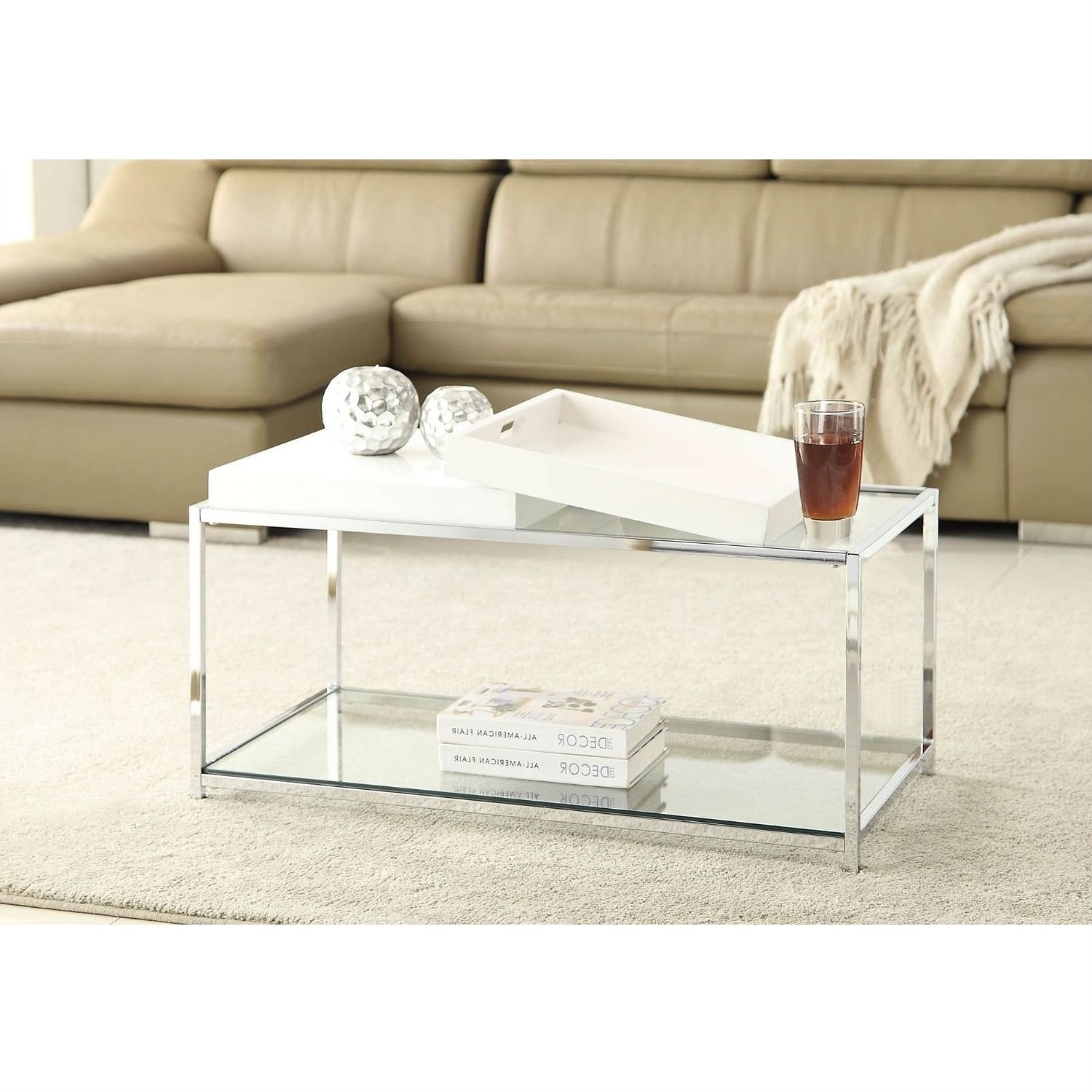 Modern Chrome Metal Coffee Table with 2 White Removable Trays - Free Shipping