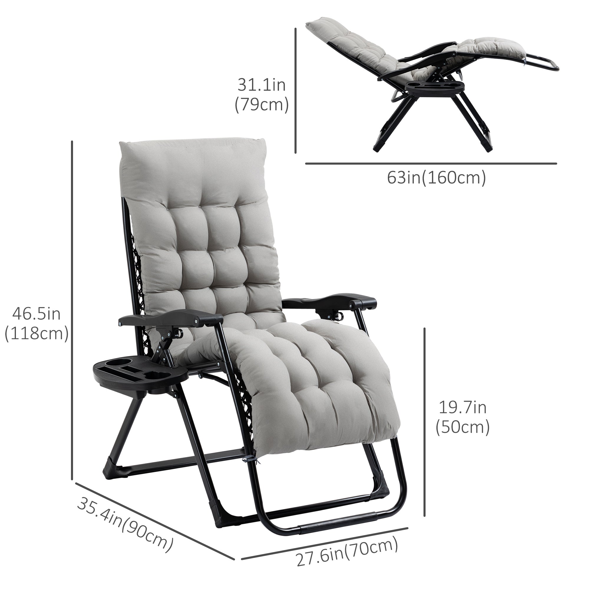 Outsunny Zero Gravity Chair Grey Padded Folding Recliner with Cup Holder Adjustable Backrest Patio Lounger