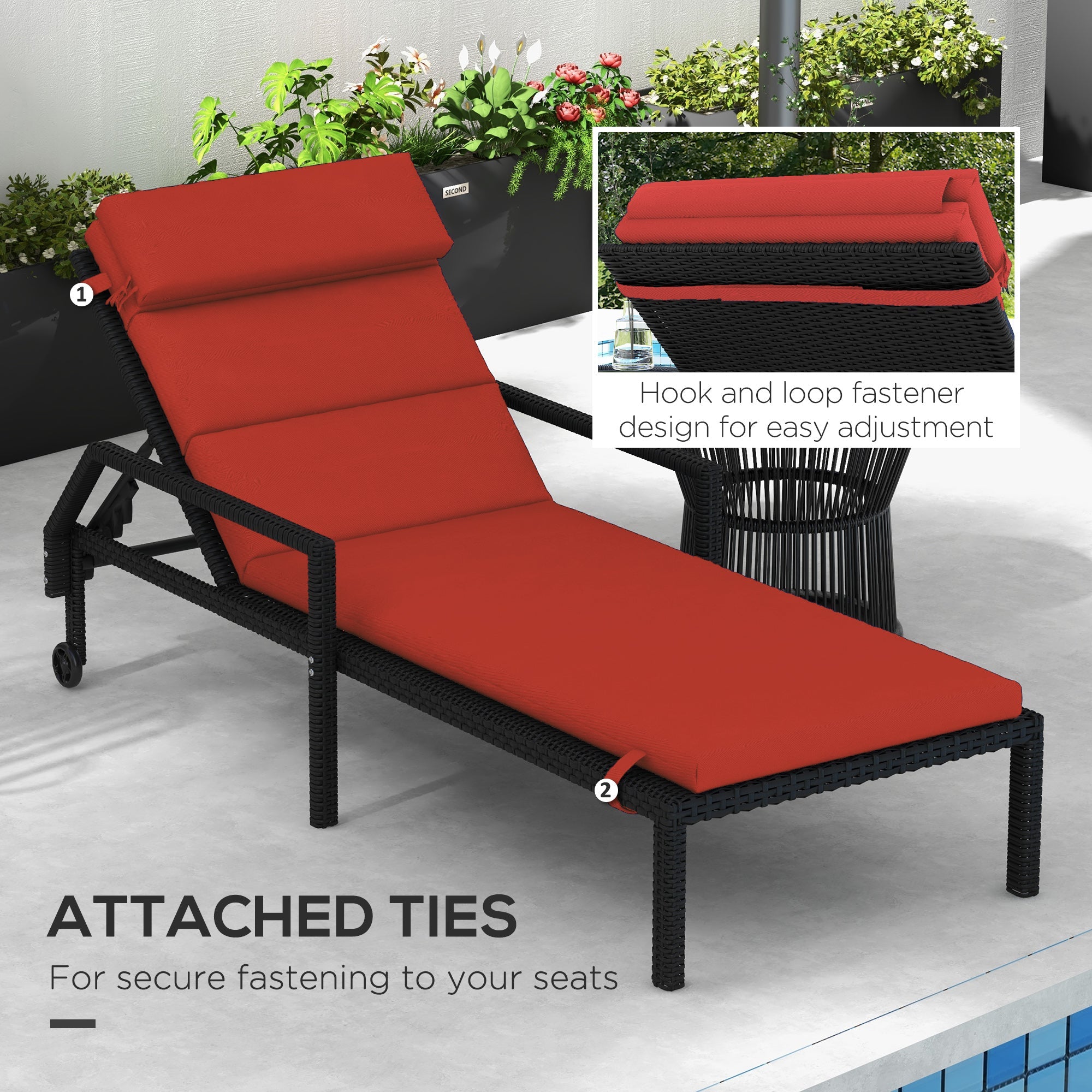 Outsunny Patio Chaise Lounge Chair Cushion Replacement Sun Lounger Pads with Headrest and Ties, Wine Red