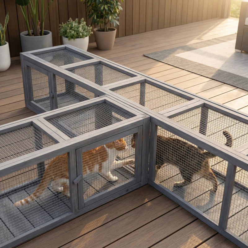 79" Long Cat Tunnel, Cat shelter L- Shape with Extendable Design for Indoor/Outdoor Use with Removable Door, Light Grey