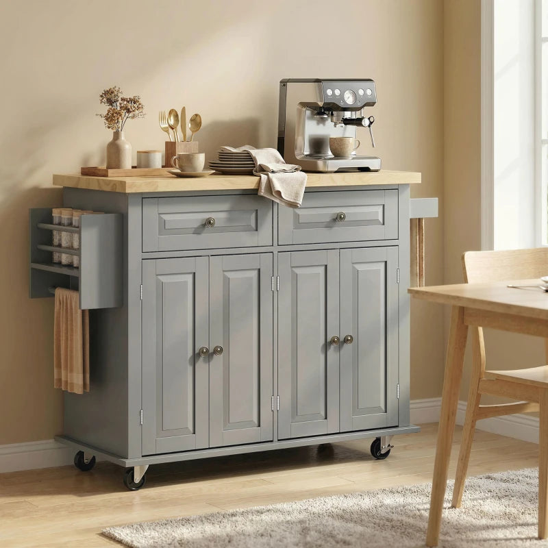Kitchen Island with Storage, Rolling Trolley Cart with Rubber Wood Top, Spice Rack, Towel Rack, 2 Locking Brakes,Grey